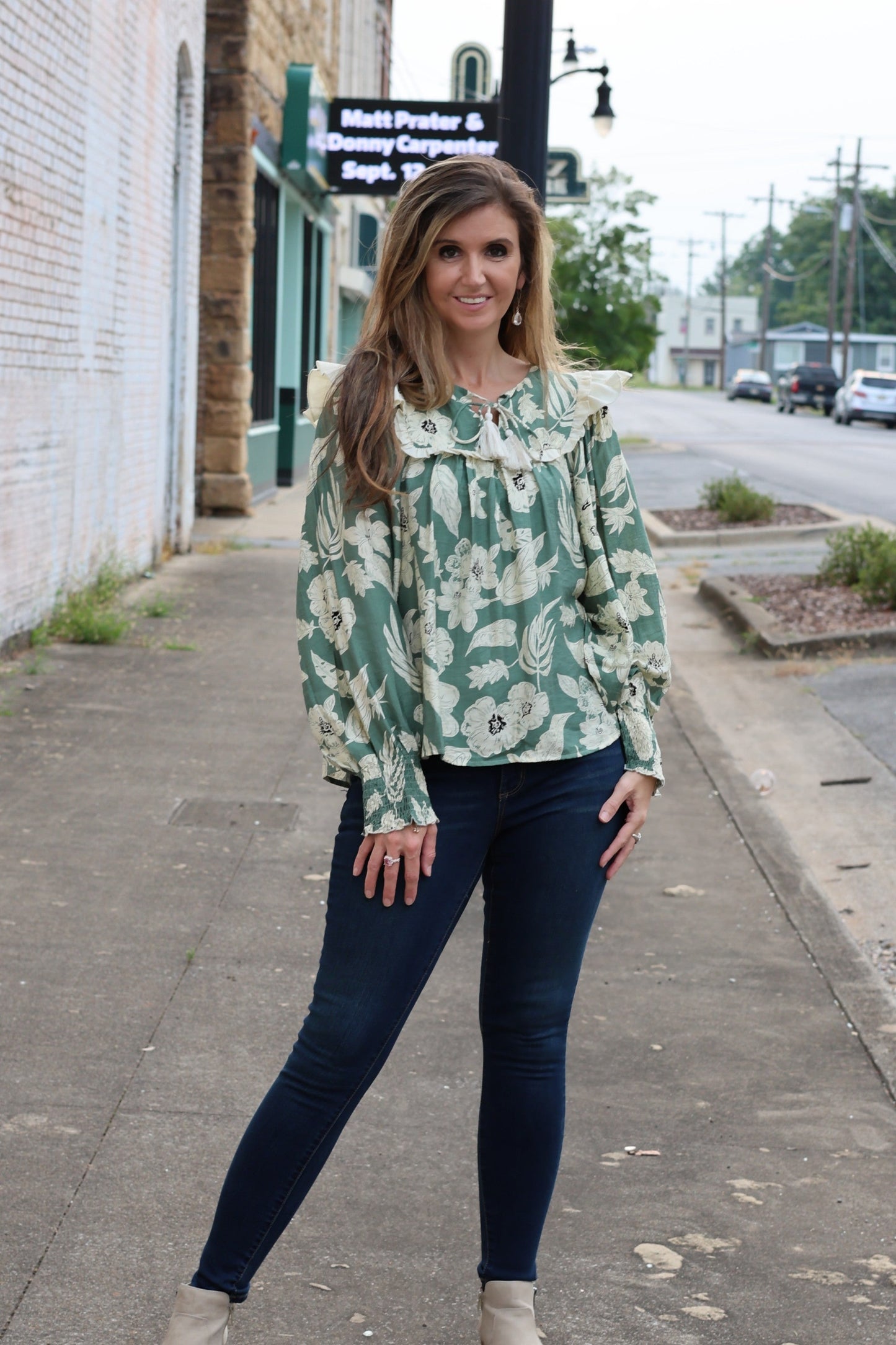 BiBi Mixed Floral Print Peasant Top in Olive