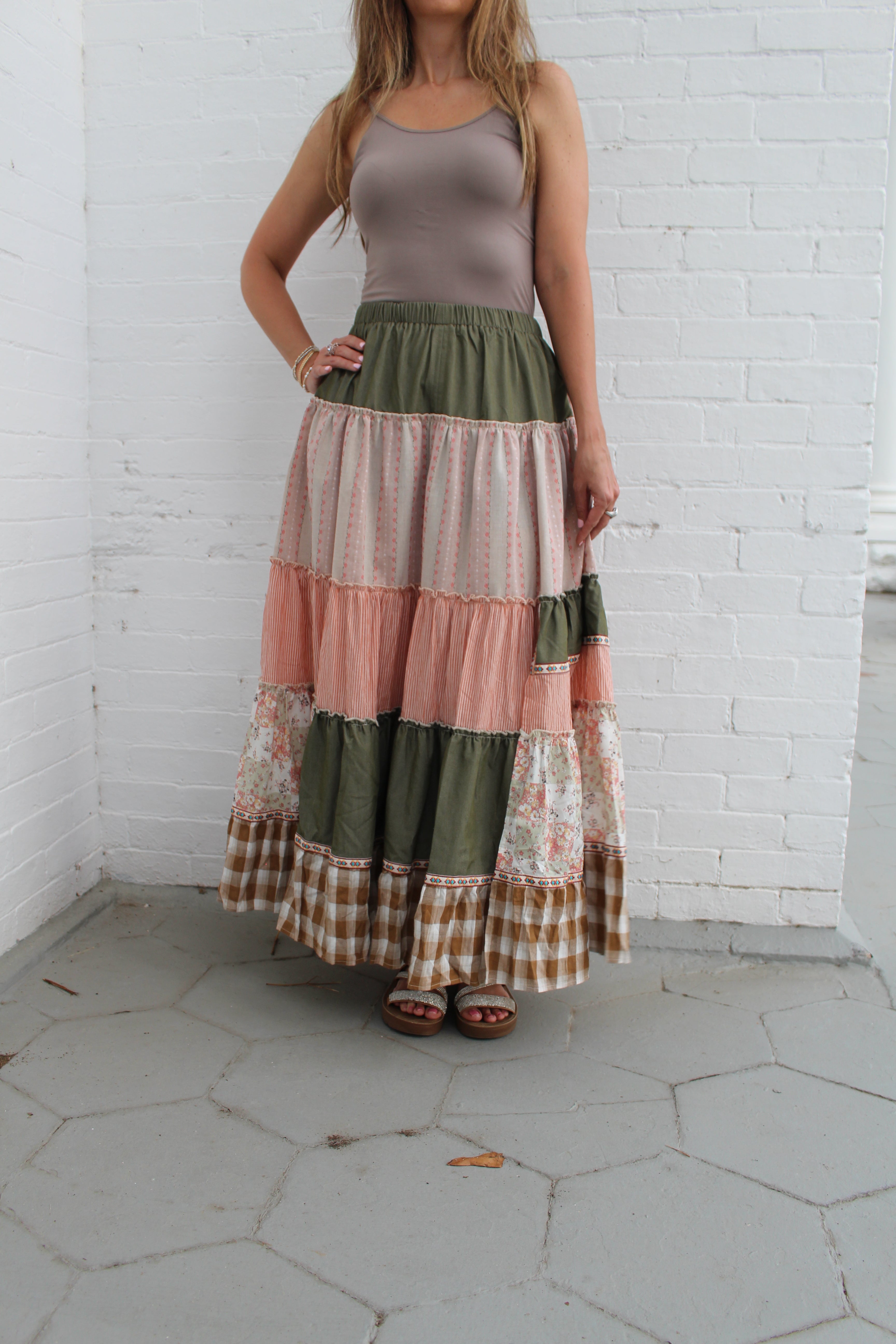 Easel Mixed Print Patchwork Maxi Skirt in Olive