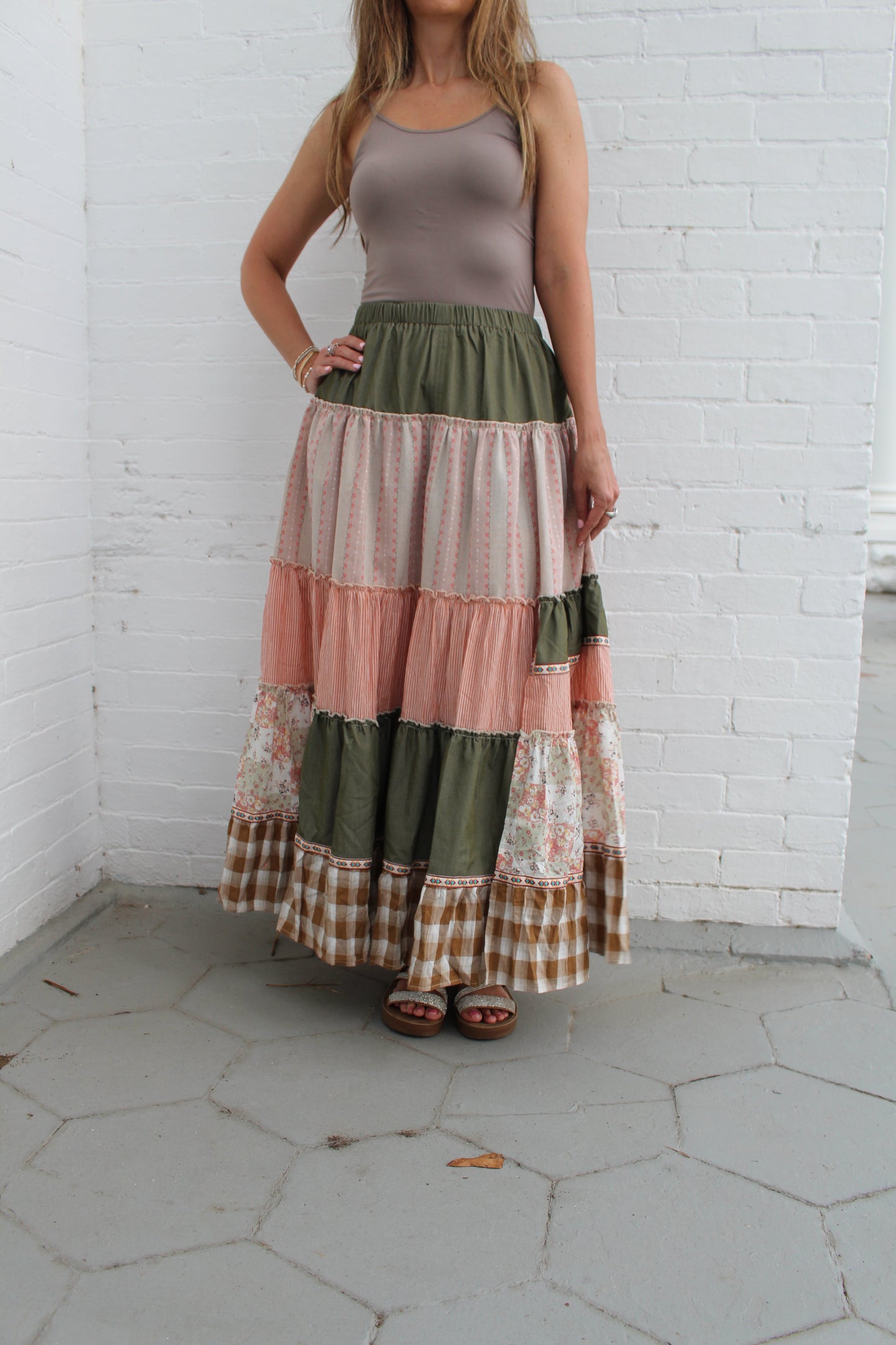 Easel Mixed Print Patchwork Maxi Skirt in Olive