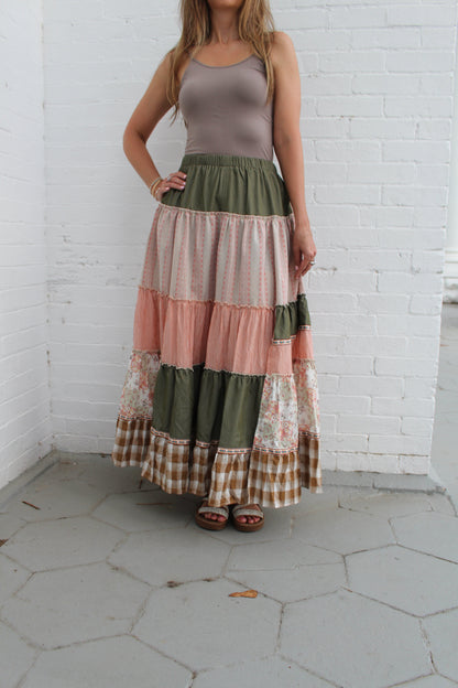 Easel Mixed Print Patchwork Maxi Skirt in Olive