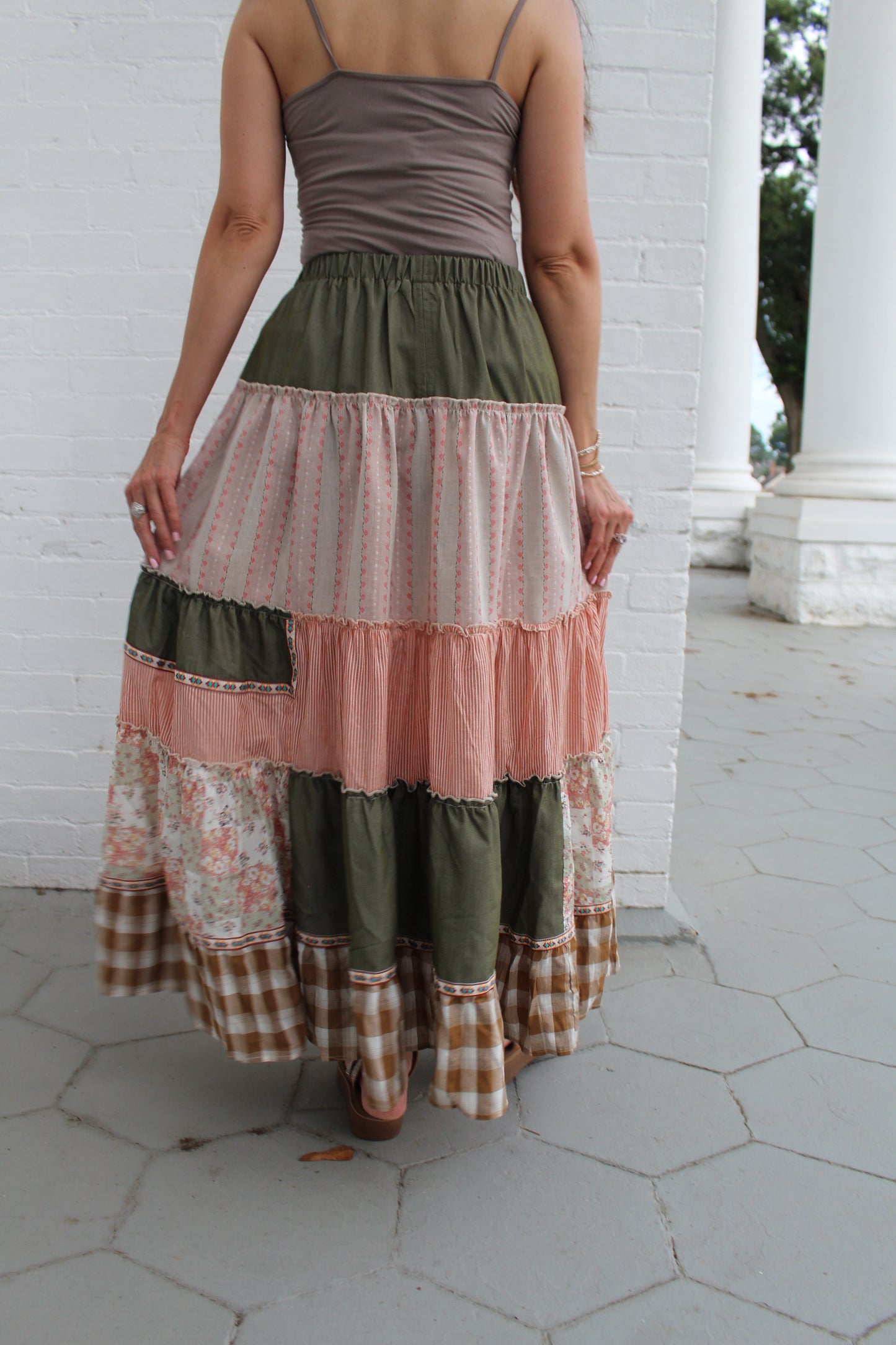 Easel Mixed Print Patchwork Maxi Skirt in Olive