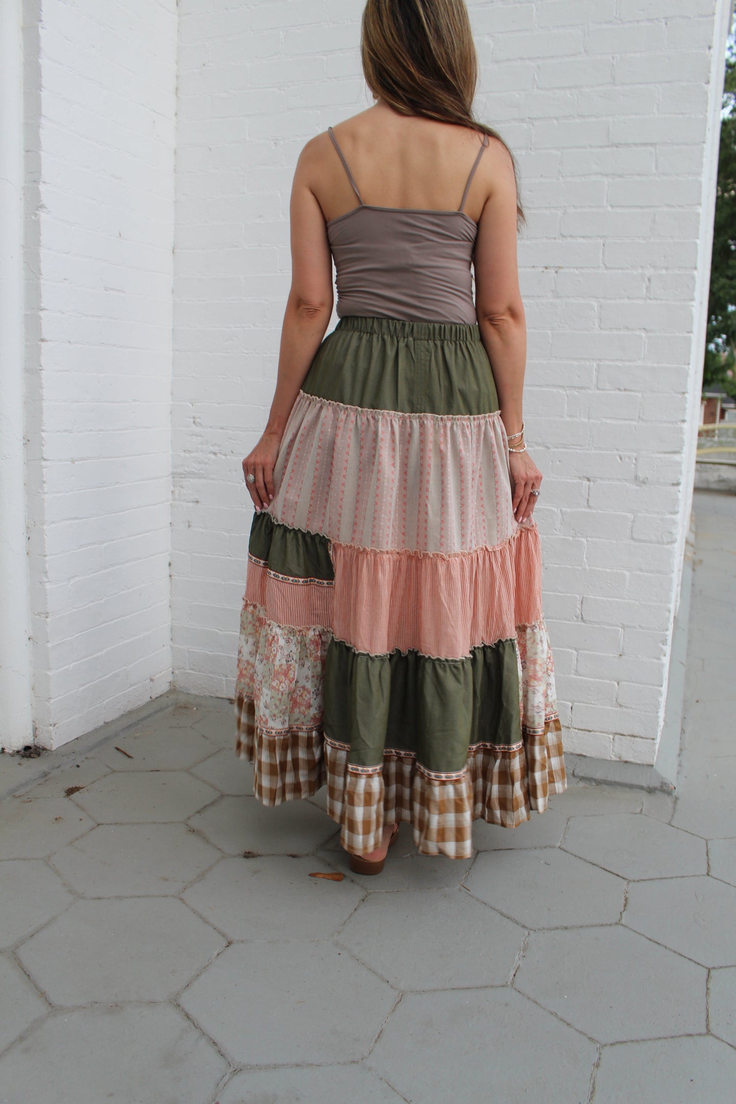 Easel Mixed Print Patchwork Maxi Skirt in Olive