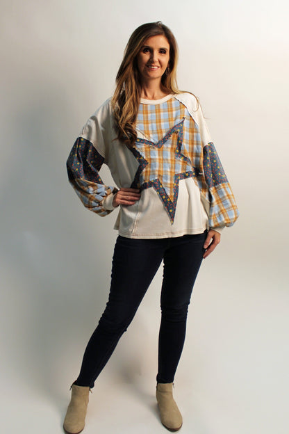 Easel Mix n Match Star Patched Top in Ecru
