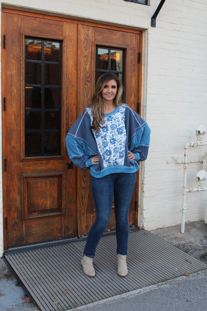 BiBi OVERSIZED Rose Twill and Stripe Mix n Match Top in Blue/Denim