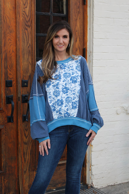 BiBi OVERSIZED Rose Twill and Stripe Mix n Match Top in Blue/Denim