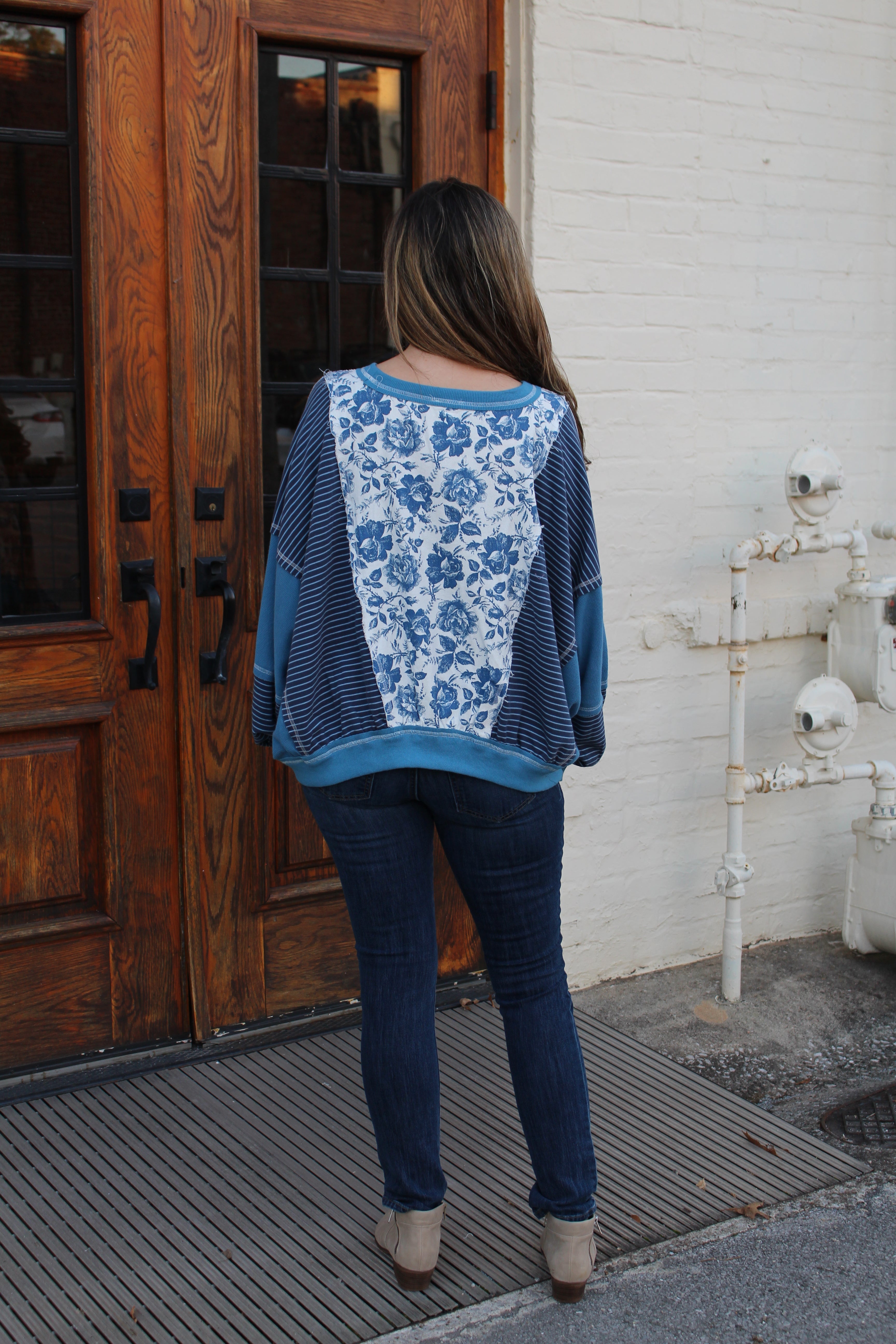 BiBi OVERSIZED Rose Twill and Stripe Mix n Match Top in Blue/Denim