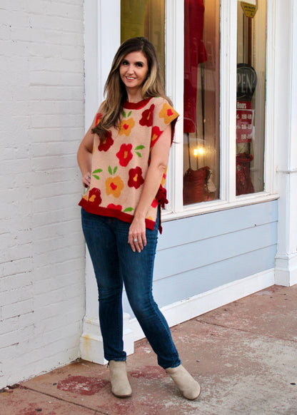 BiBi Floral Pattern Open Side Hem with Bow Ties Vest in Latte/Burgundy