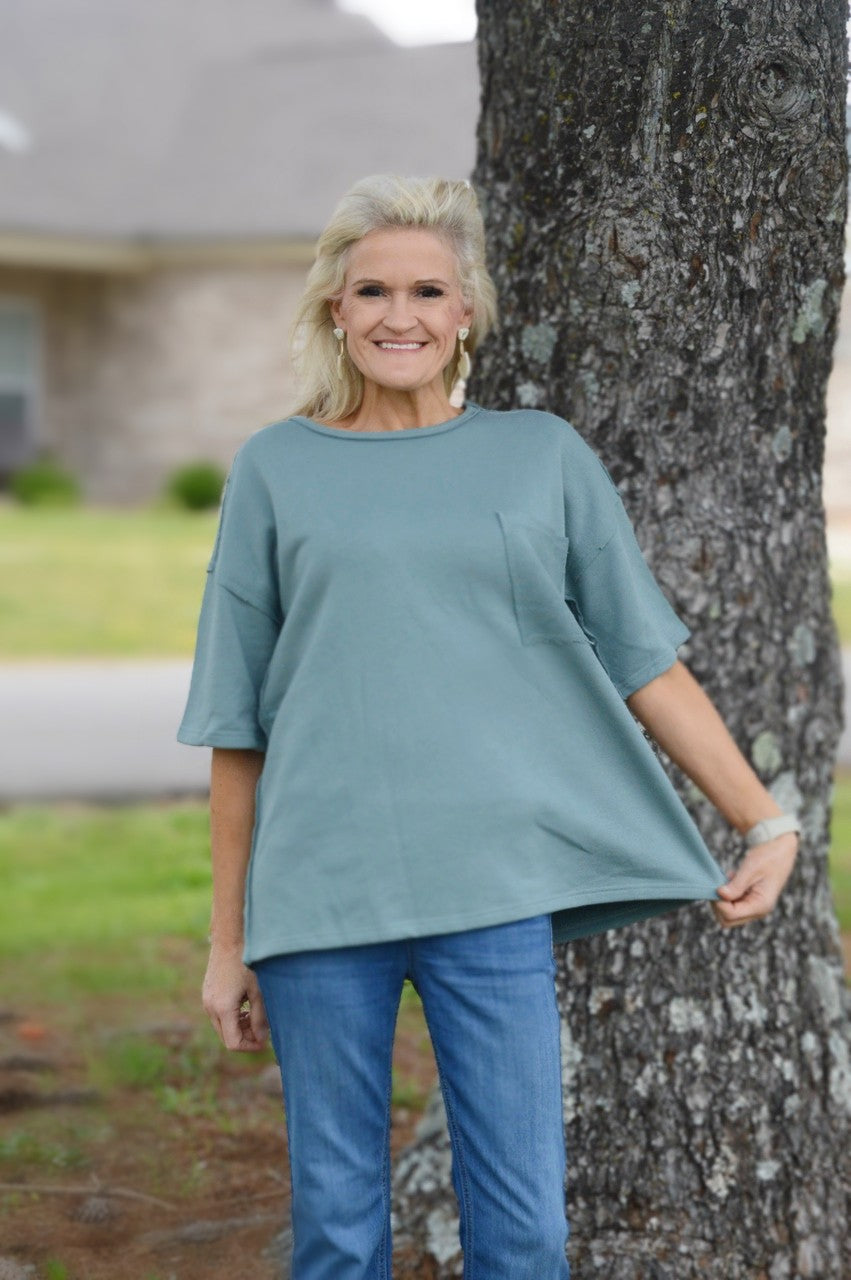 Easel French Terry Top in Teal Green