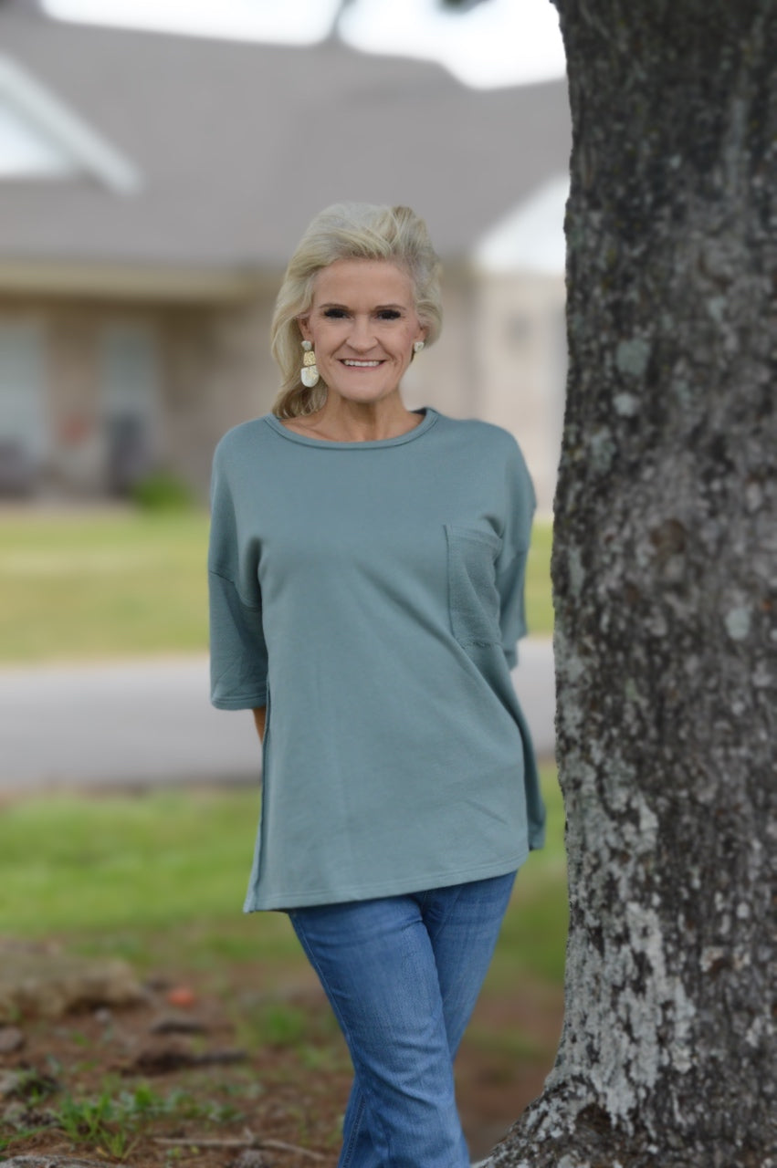 Easel French Terry Top in Teal Green