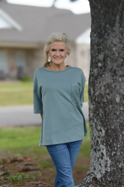 Easel French Terry Top in Teal Green