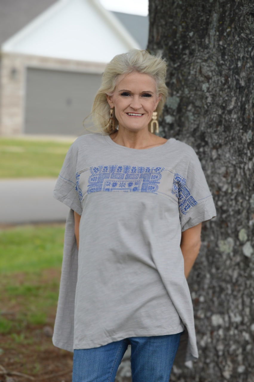 Easel Solid Color Top with Contrasting Print Details in Mushroom