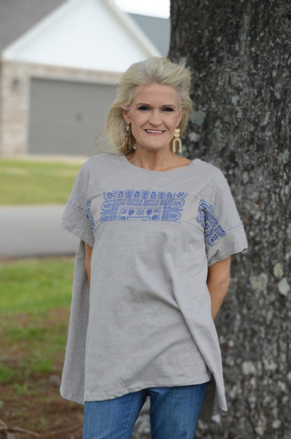 Easel Solid Color Top with Contrasting Print Details in Mushroom