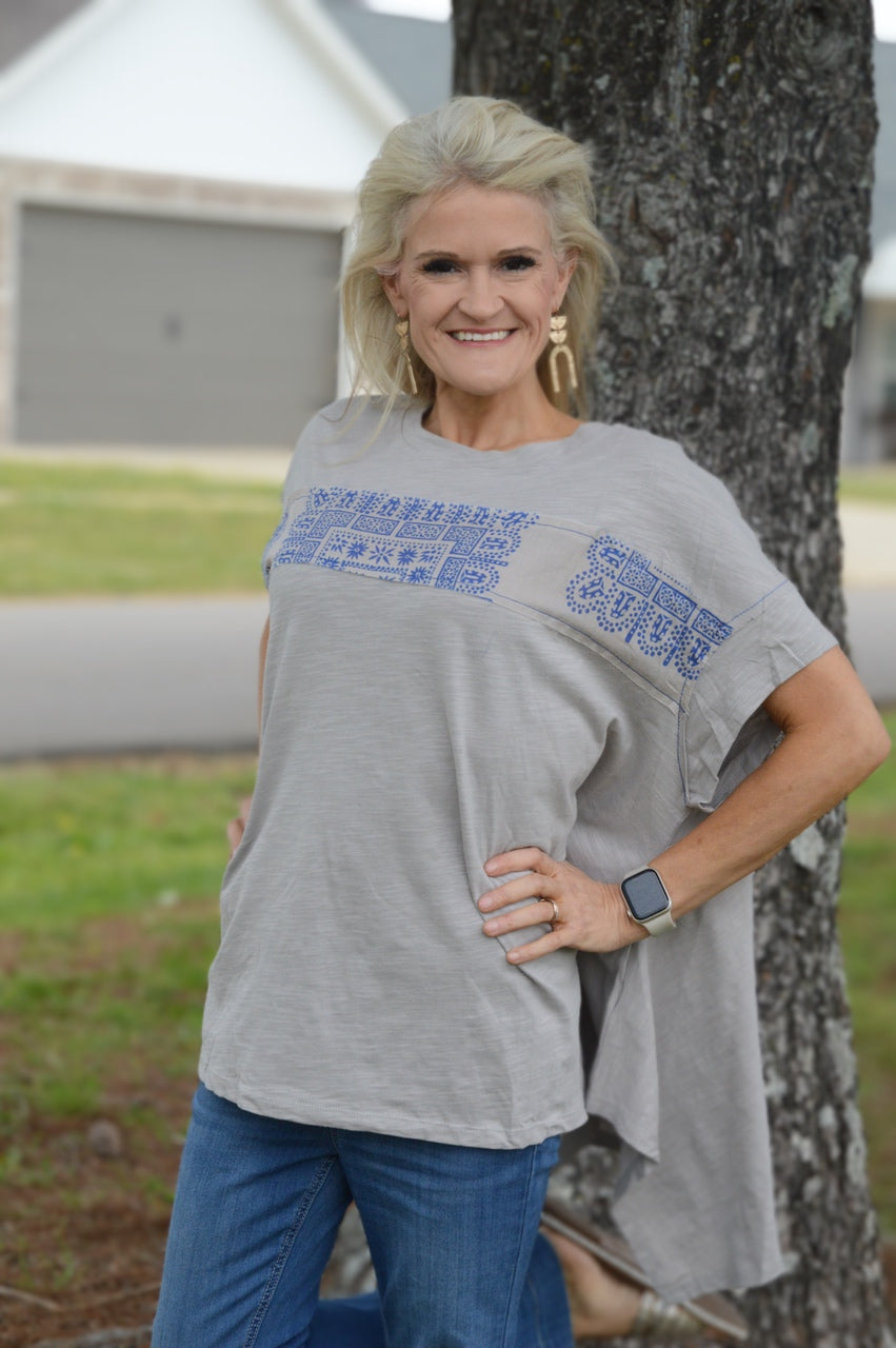 Easel Solid Color Top with Contrasting Print Details in Mushroom