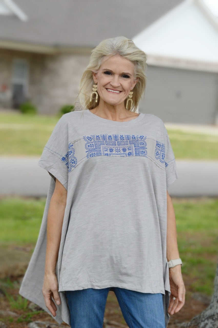 Easel Solid Color Top with Contrasting Print Details in Mushroom