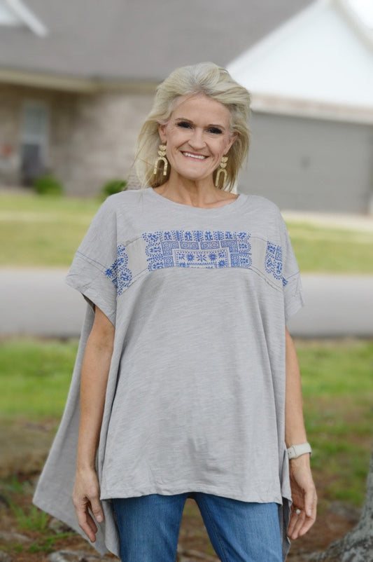 Easel Solid Color Top with Contrasting Print Details in Mushroom