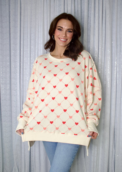 BiBi OVERSIZED Diamond Heart Print Waffle Knit Top in Cream