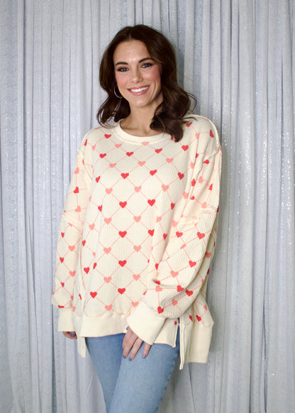 BiBi OVERSIZED Diamond Heart Print Waffle Knit Top in Cream