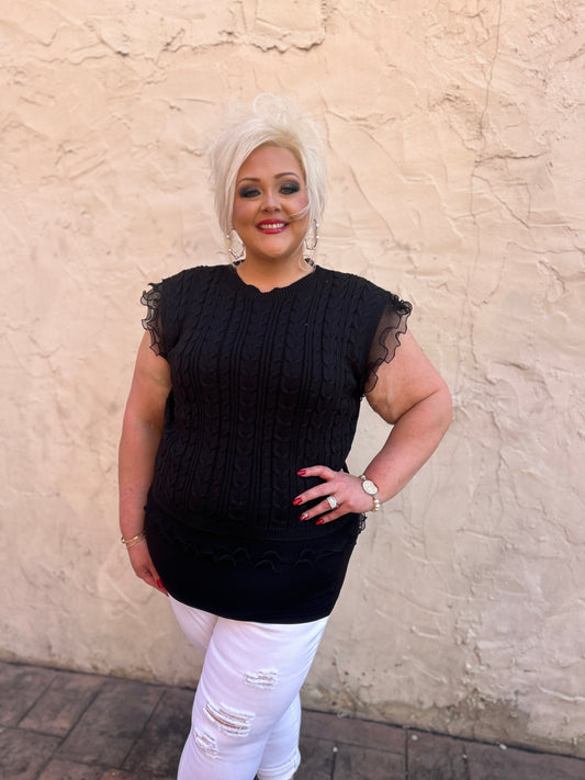 BiBi Cable Knit Top with Layered Chiffon Edges in Black FINAL SALE