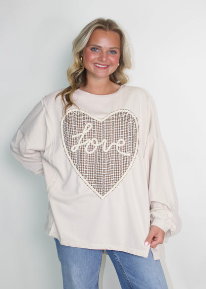 Easel Love Heart Patched Front Top in Ecru
