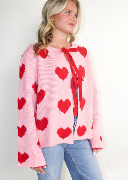 LovLov Sweetheart Tie Front Cardigan in Rose Pink