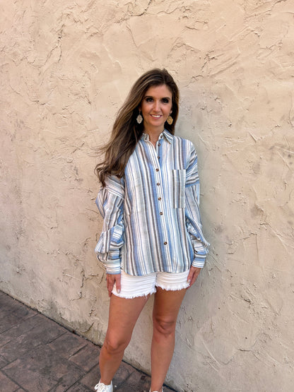 Easel Striped Button Down Shirt in Blue Grey