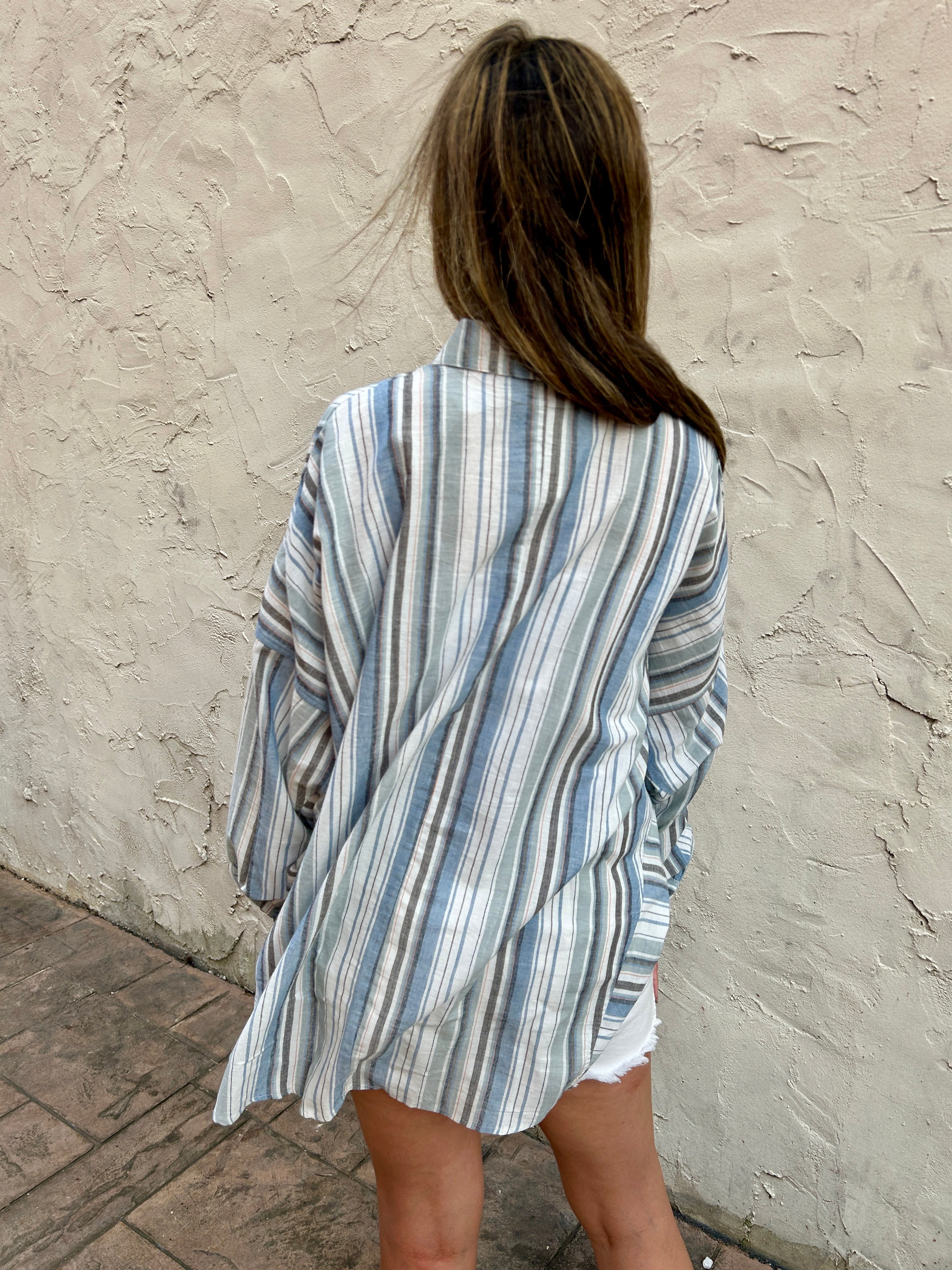 Easel Striped Button Down Shirt in Blue Grey