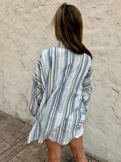 Easel Striped Button Down Shirt in Blue Grey