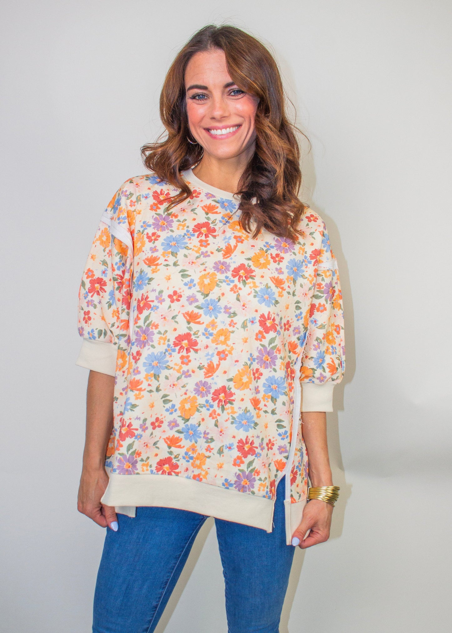 BiBi OVERSIZED Washed Twill Flower Print Top in Cream Multi