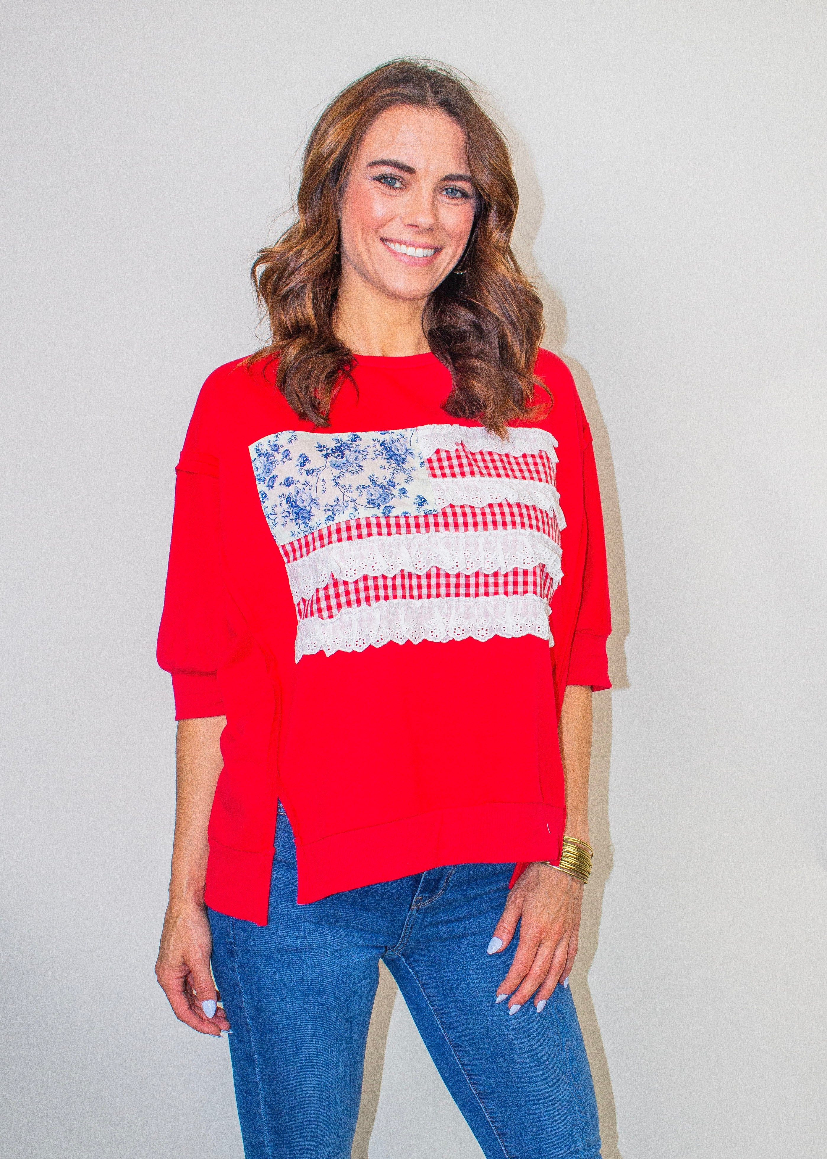 BiBi Americana Patched Front French Terry Top in Red