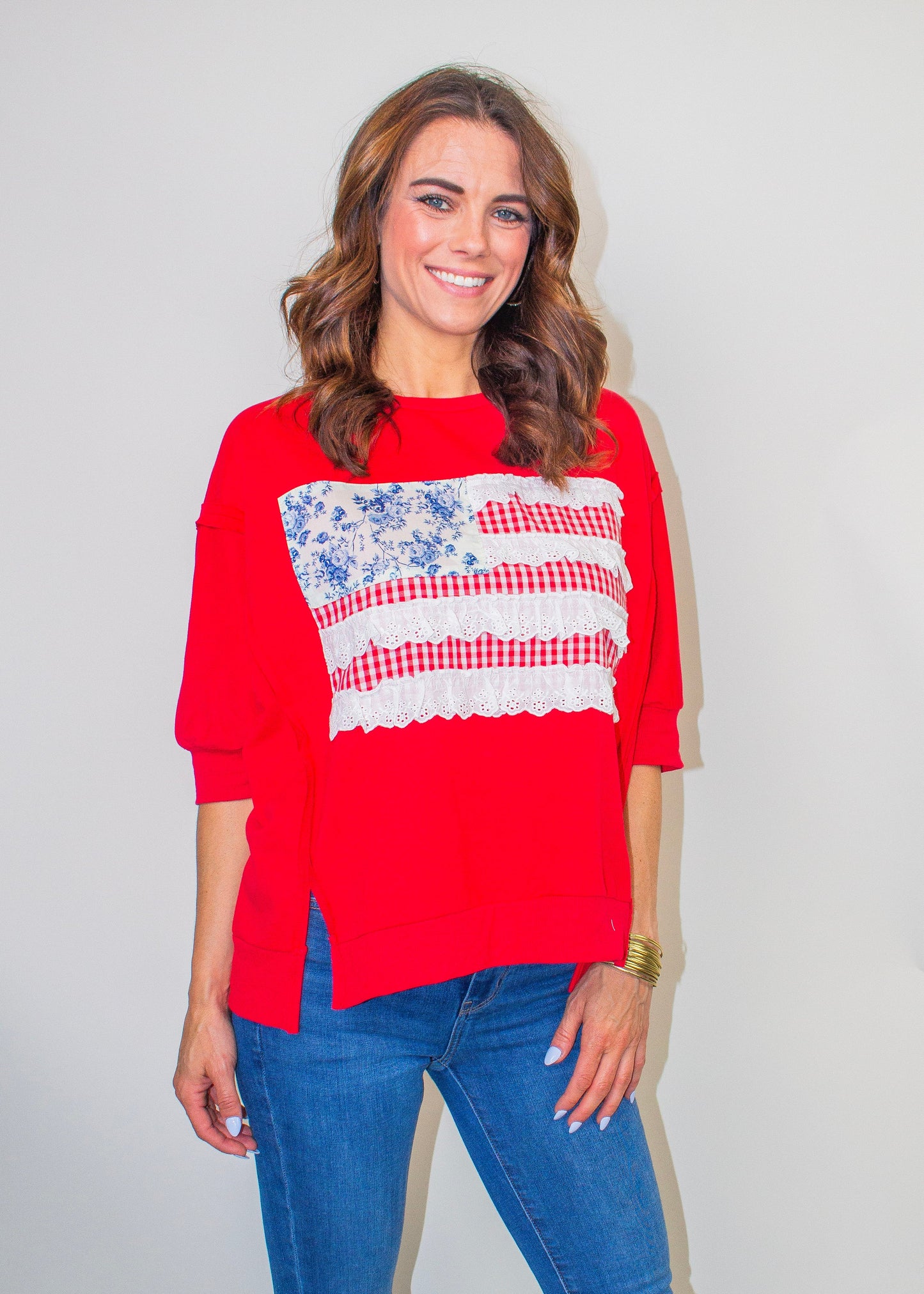 BiBi Americana Patched Front French Terry Top in Red