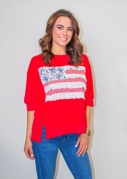 BiBi Americana Patched Front French Terry Top in Red