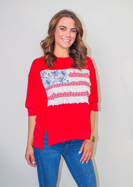 BiBi Americana Patched Front French Terry Top in Red