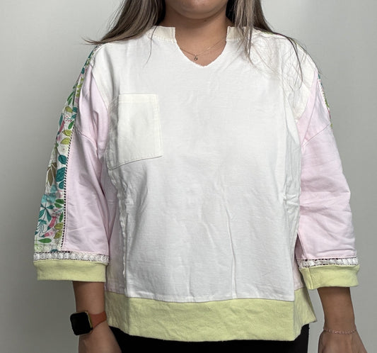 Easel Color Block Soft Washed Terry Knit Top in Vanilla Rose