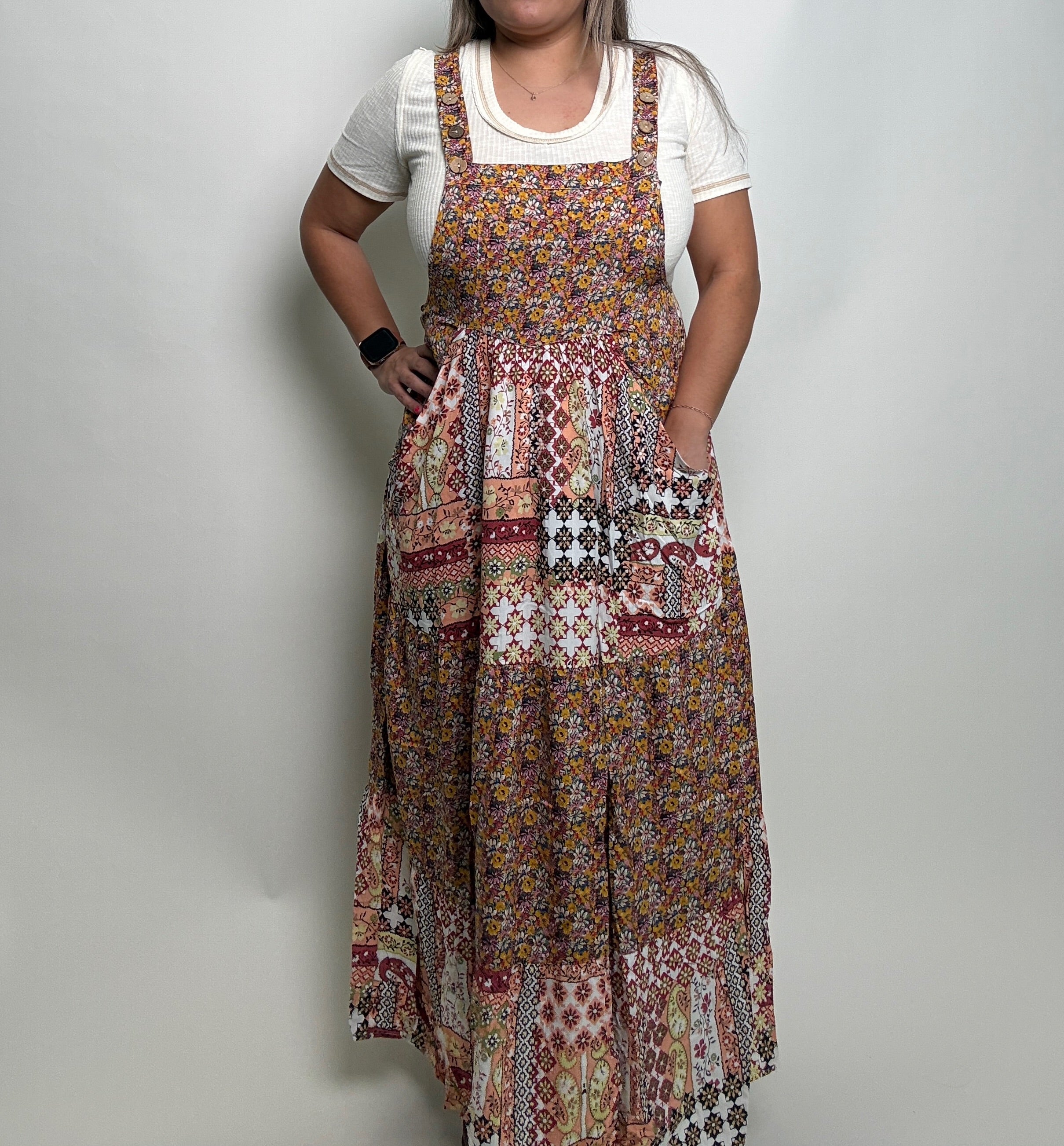 Easel Mixed Print Patchwork Overall Maxi Dress in Rust Brown