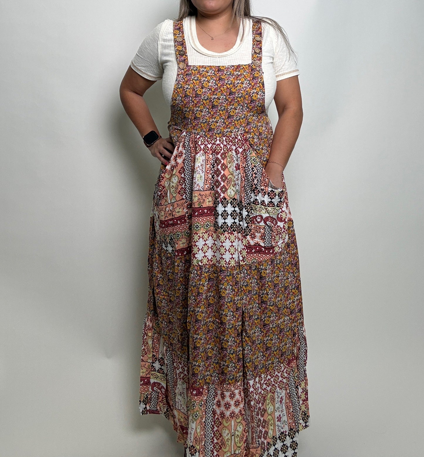Easel Mixed Print Patchwork Overall Maxi Dress in Rust Brown