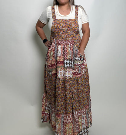 Easel Mixed Print Patchwork Overall Maxi Dress in Rust Brown