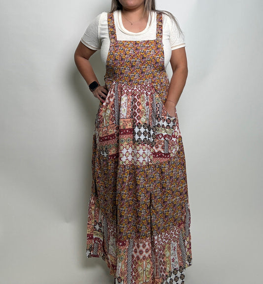 Easel Mixed Print Patchwork Overall Maxi Dress in Rust Brown