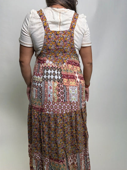 Easel Mixed Print Patchwork Overall Maxi Dress in Rust Brown