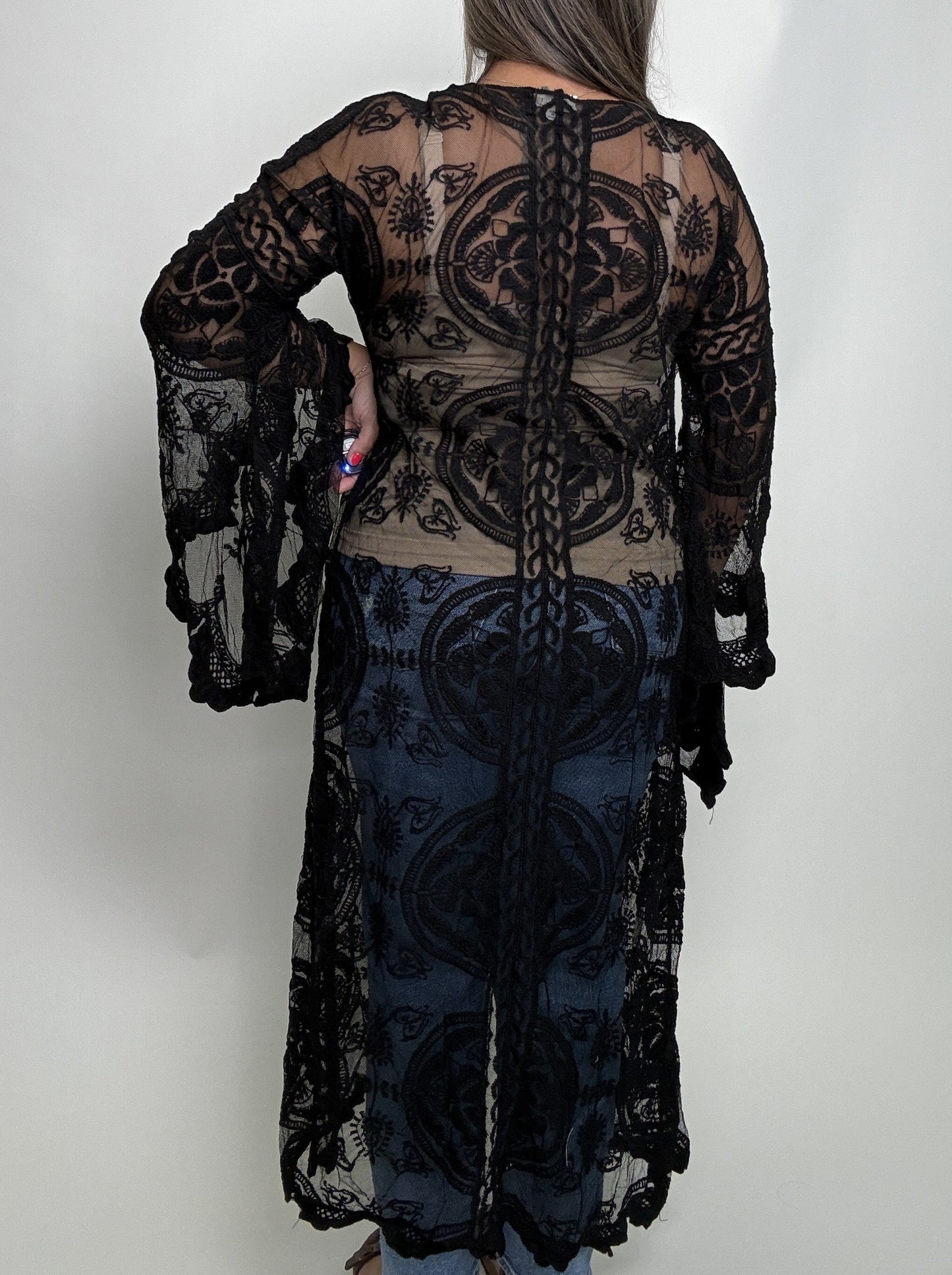 POL Long Sheer Embroidered Crochet Cardigan in Black
