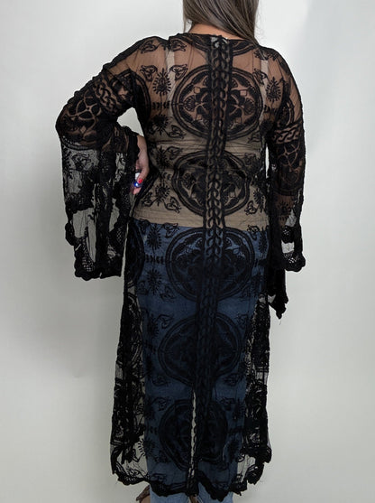 POL Long Sheer Embroidered Crochet Cardigan in Black