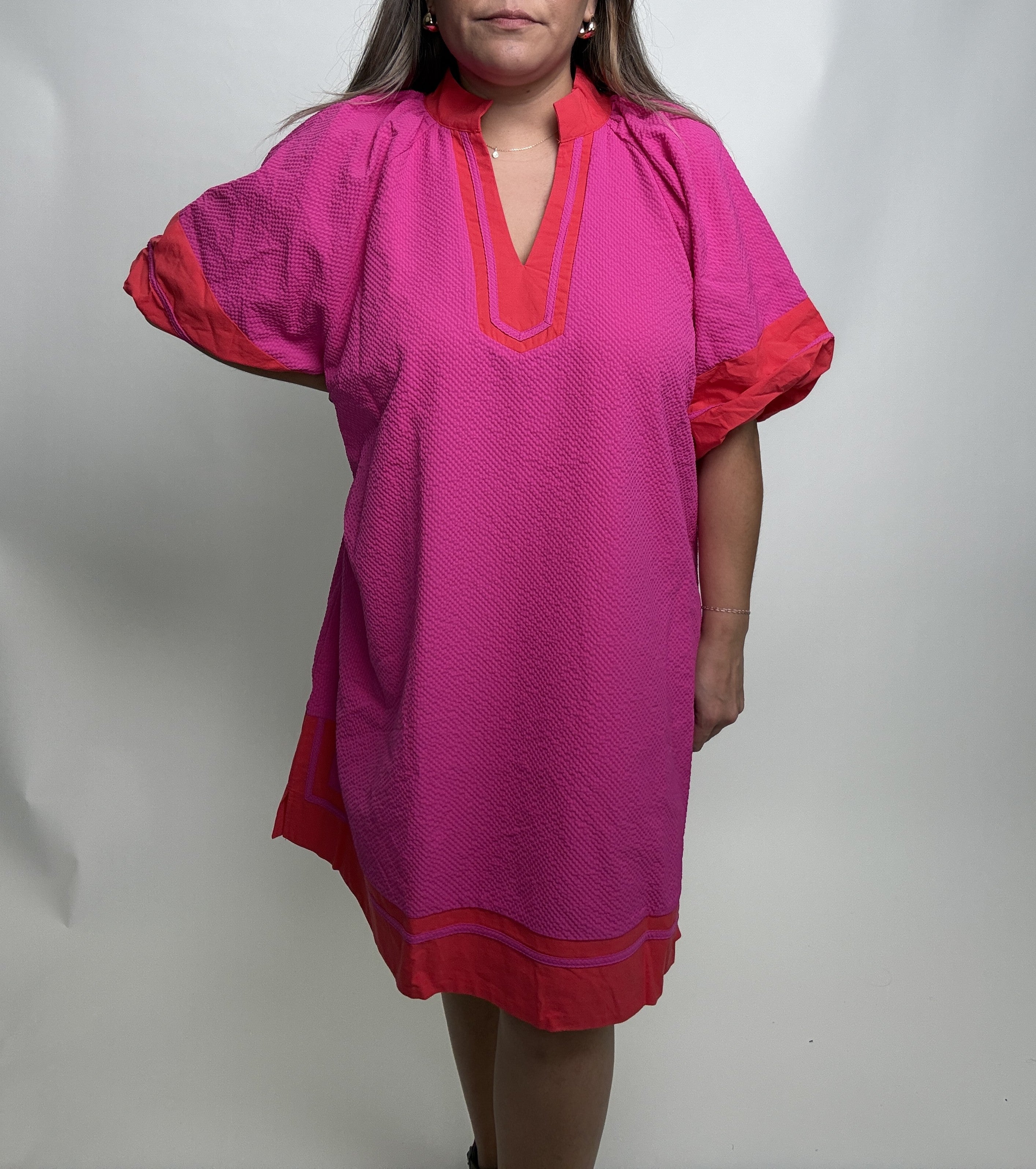 Umgee Textured Color Block Mini Dress in Fuchsia