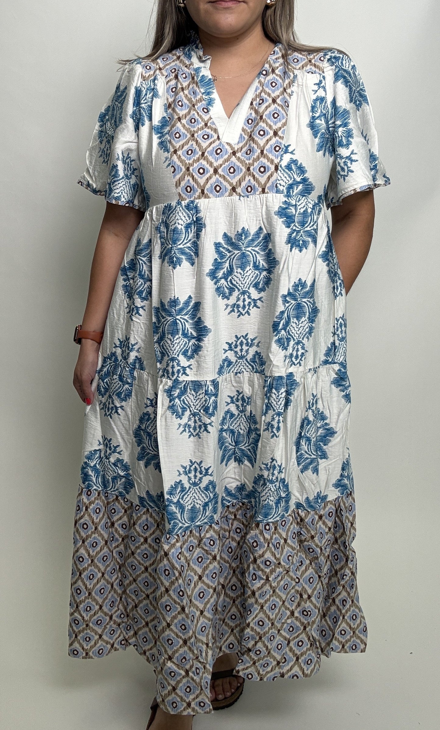 GiGio Mixed Print Tiered Midi Dress in Teal Mix