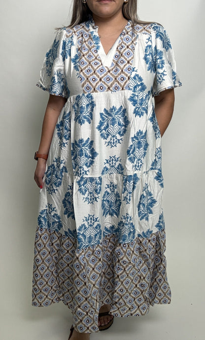 GiGio Mixed Print Tiered Midi Dress in Teal Mix