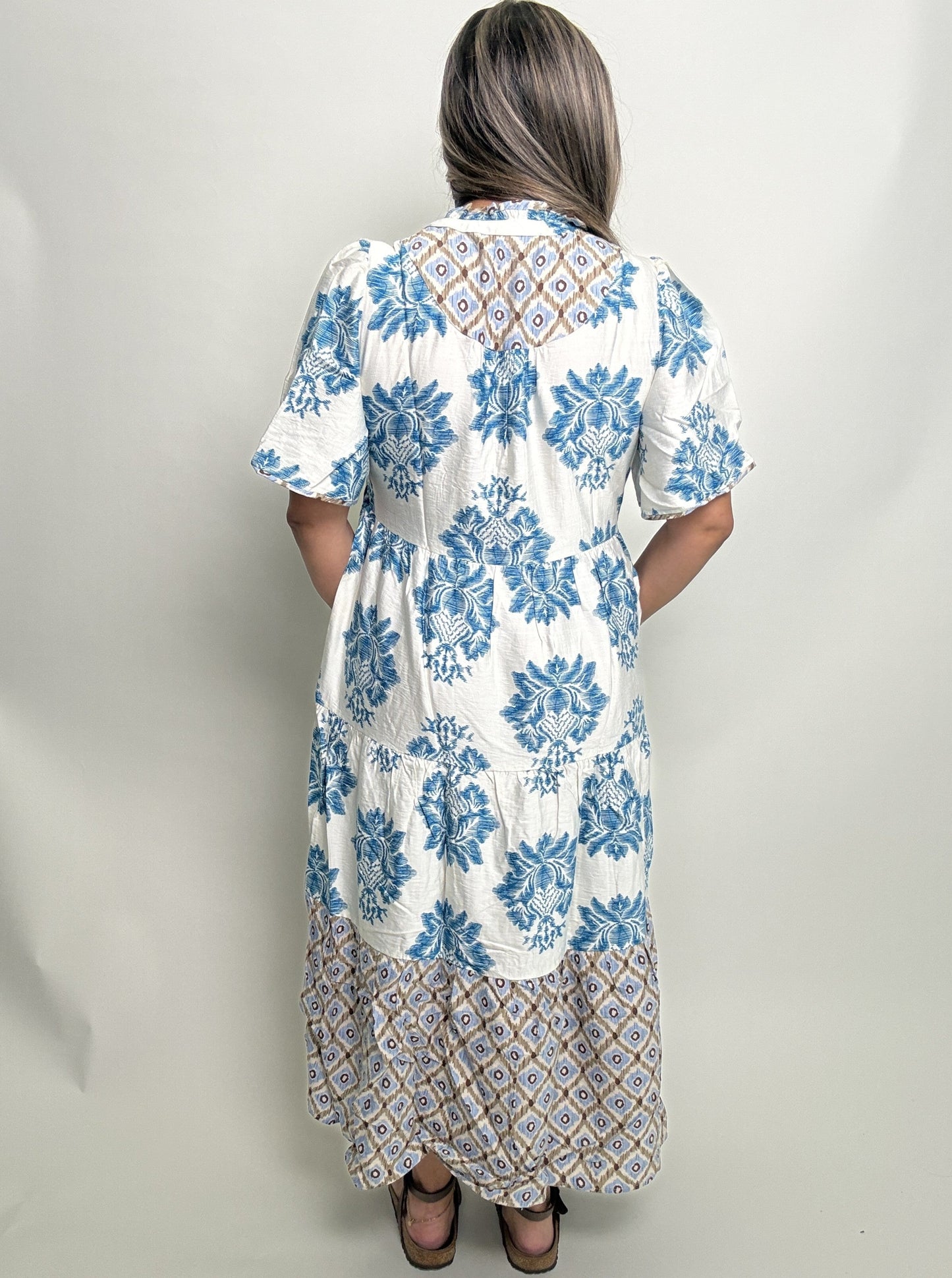 GiGio Mixed Print Tiered Midi Dress in Teal Mix
