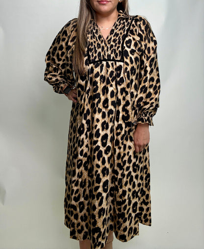 Umgee Leopard Print Midi Dress in Brown