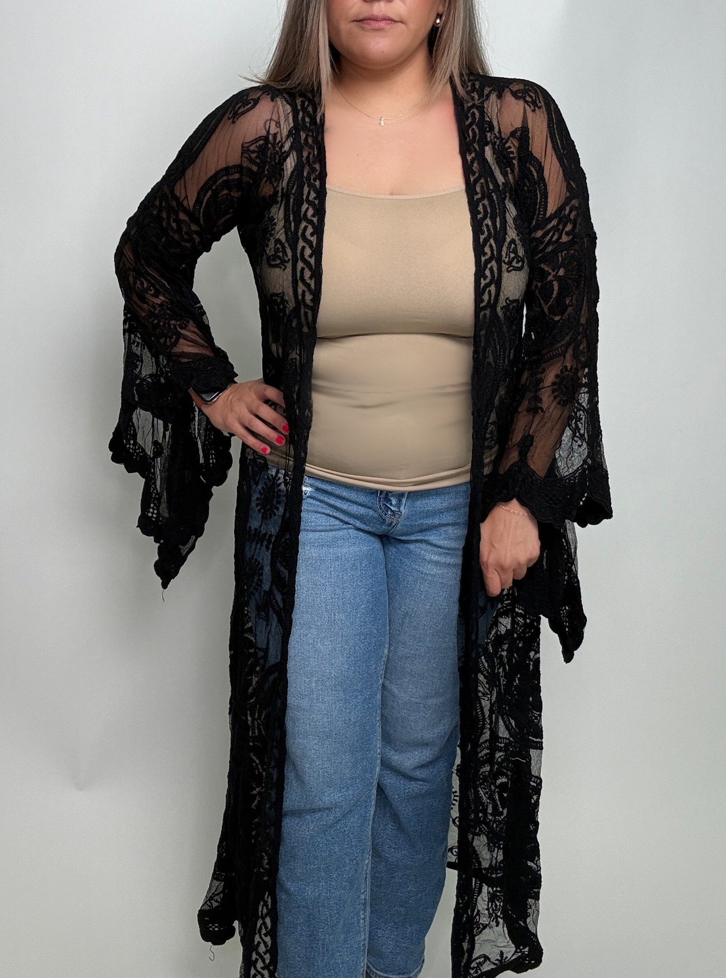 POL Long Sheer Embroidered Crochet Cardigan in Black