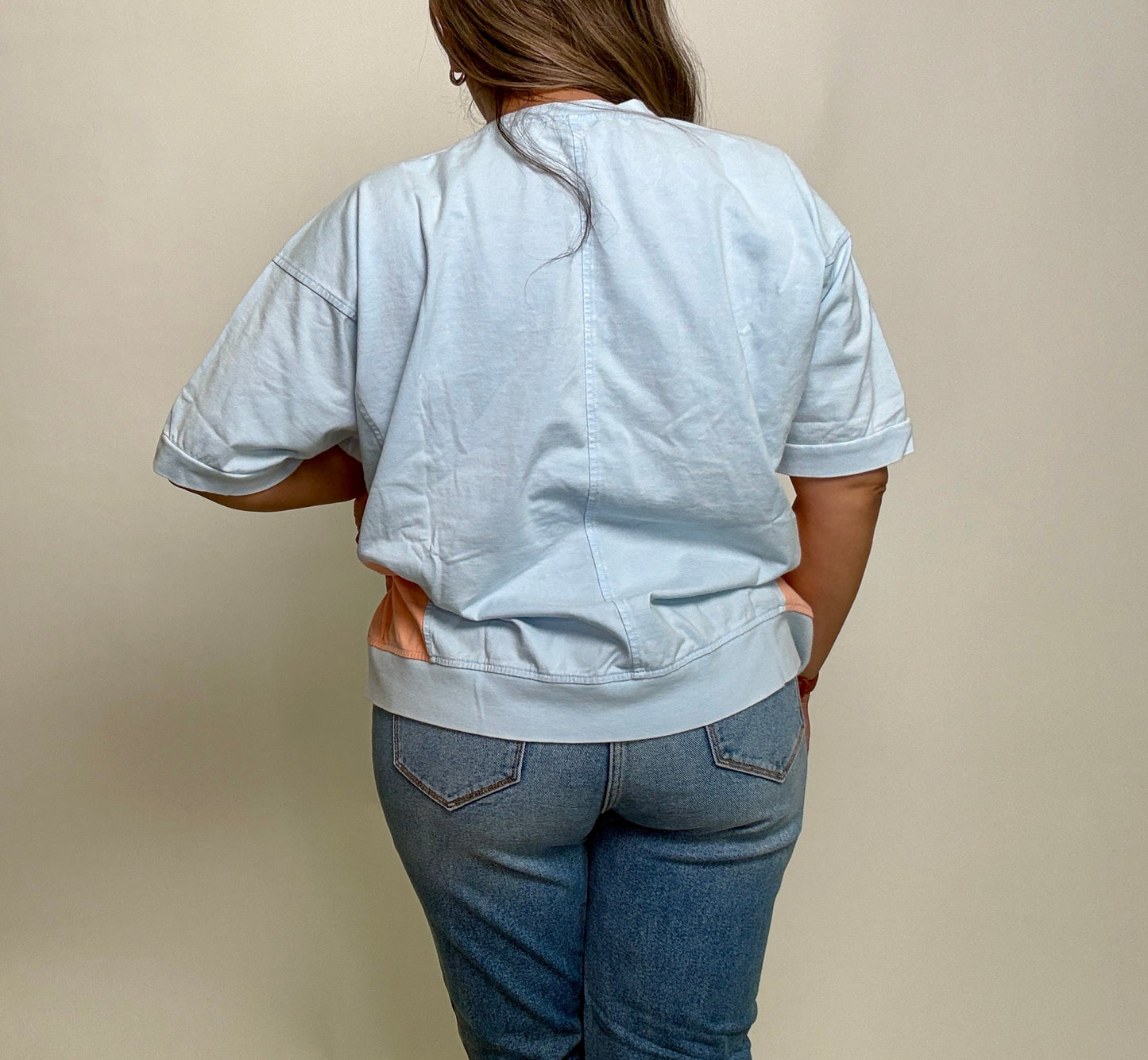 Easel Mineral Washed Color Block Flower Patched Top in Sky Blue
