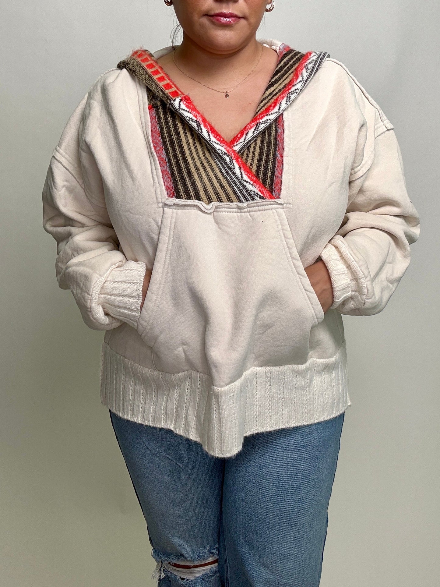 Easel Mineral Washed Multi Colored Detailed Hoodie in Ecru