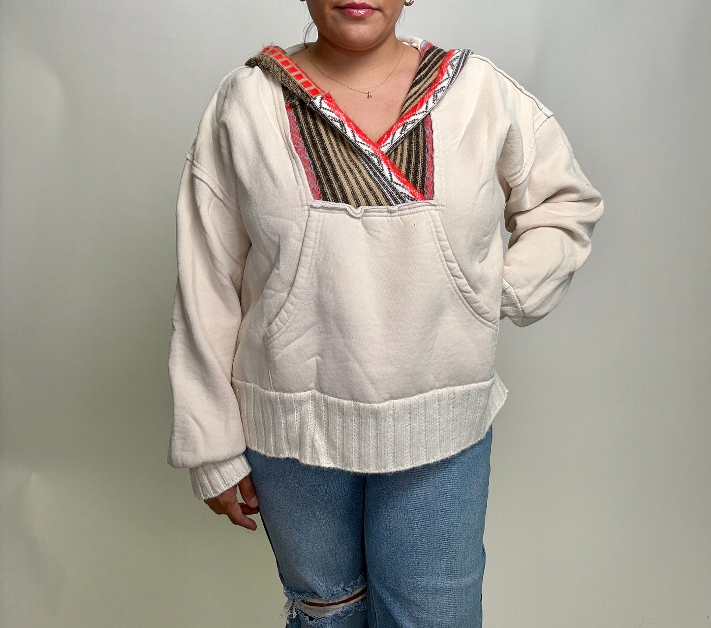 Easel Mineral Washed Multi Colored Detailed Hoodie in Ecru