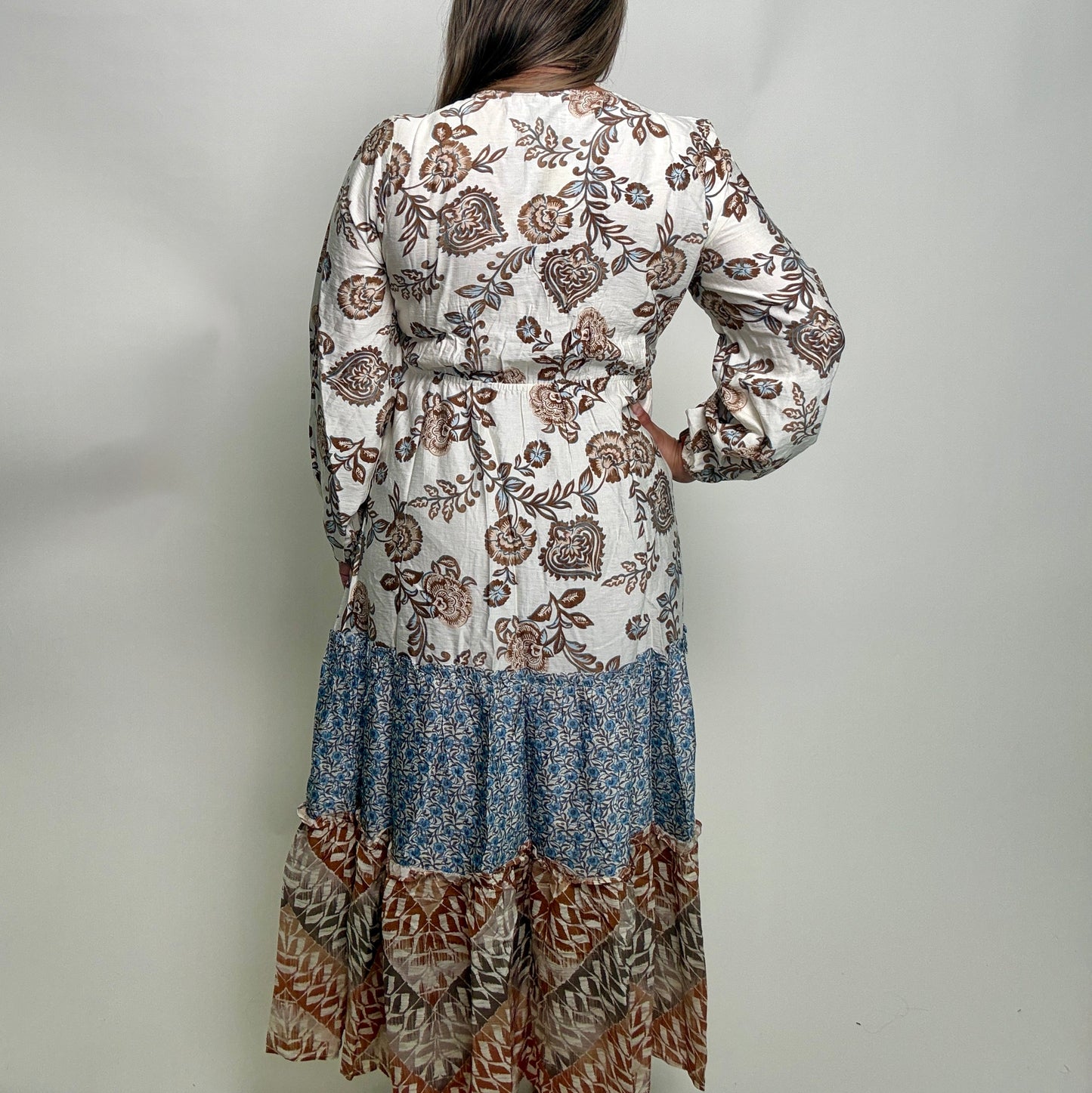 Jodifl Mix N Match Print Tiered Midi Dress in Caramel Mix
